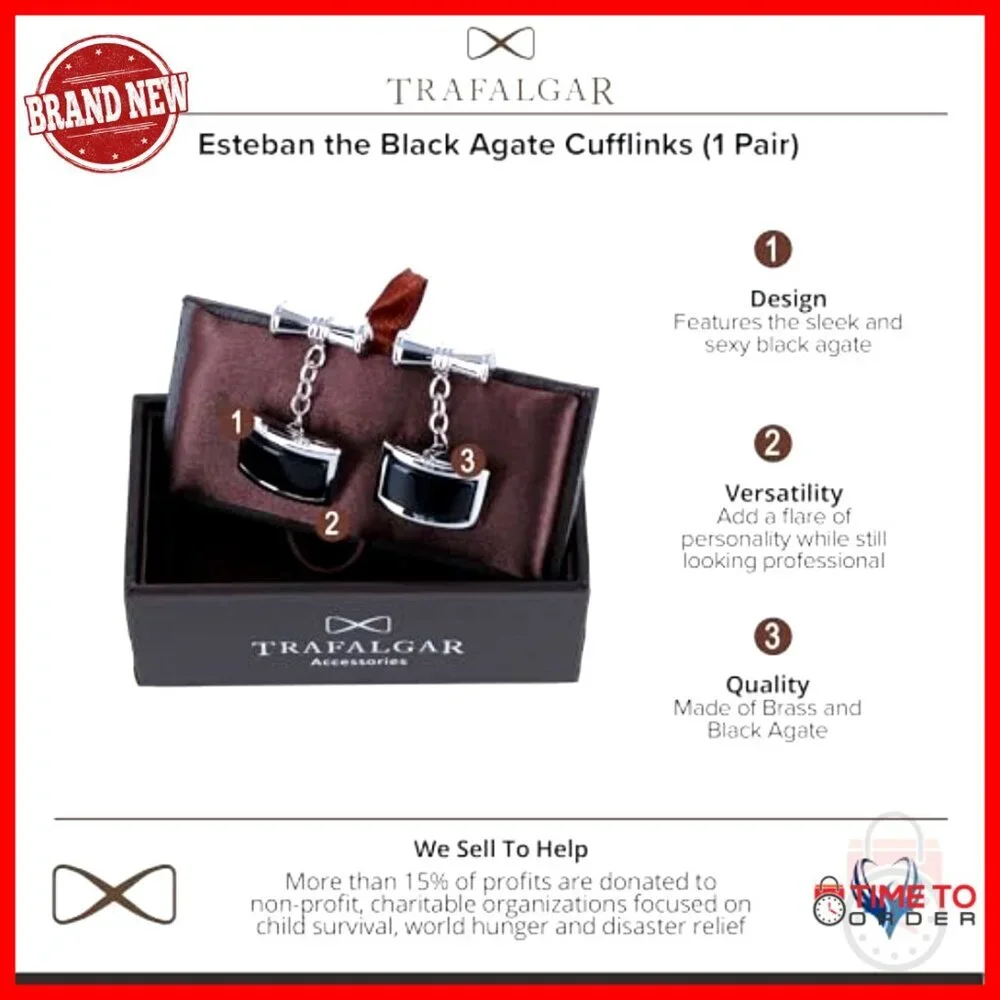 Men's Black Agate Cufflinks Rectangular Brass Professional Formal Wear